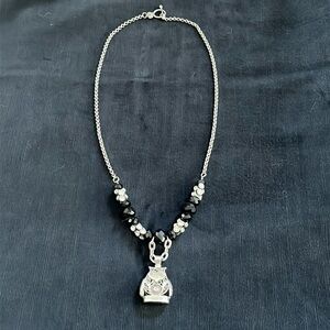 Owl necklace rhinestones and black beads